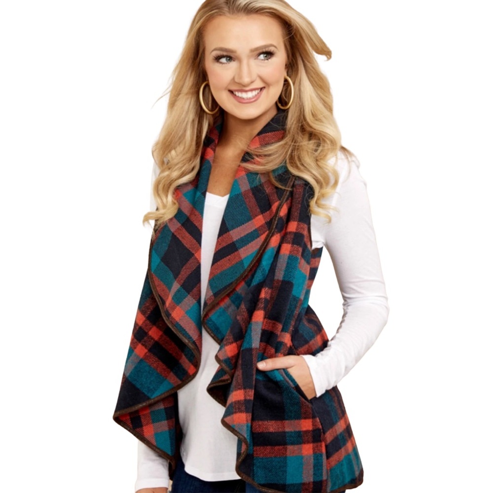 Buffalo Plaid Asymmetric Sleeveless Vest Cardigan - Picture 3 of 16
